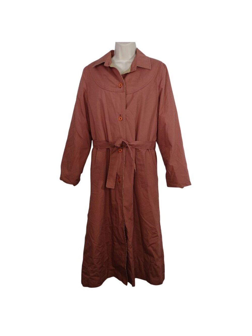 Vtg 70s London Fog Trench Coat Pink Size 12 Long Sleeve Lined Belted Button Up